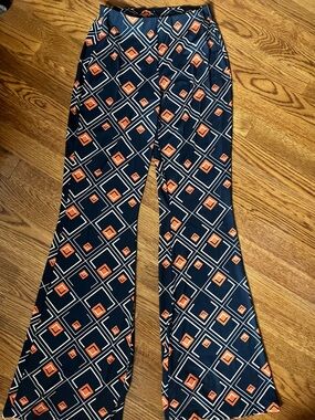 Zara High Rise Flare Pants Size S Geometric Graphic Mod Print Navy Orange